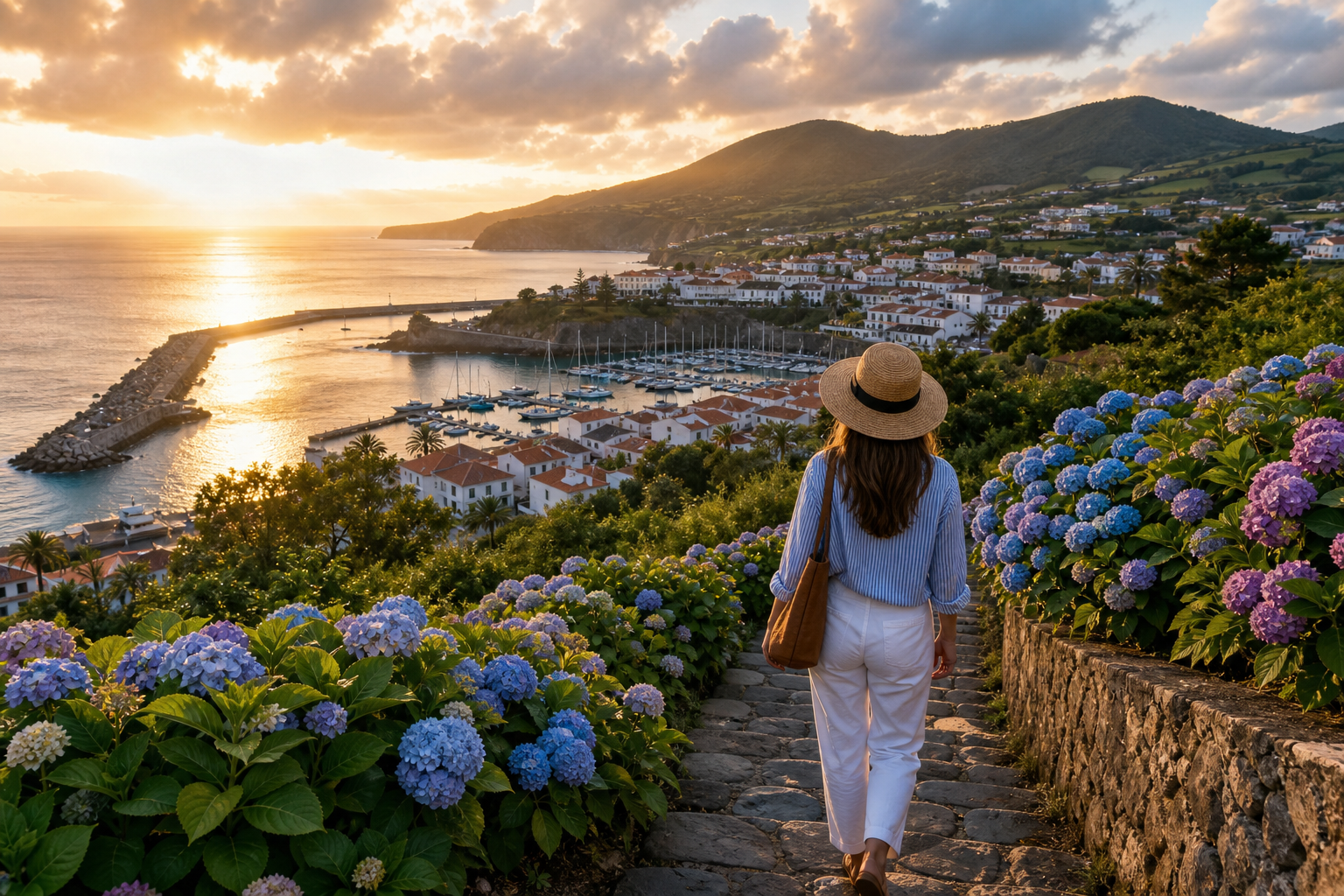 Harbor-town evenings and island scenery in the Azores: waterfront lights, boats, and a relaxed coastal atmosphere