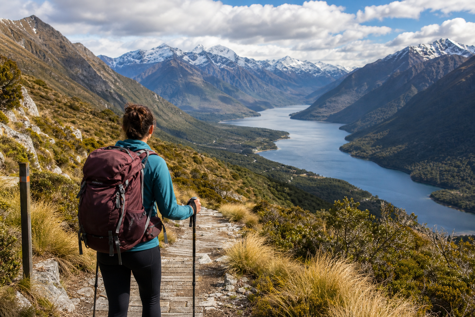 Tramping trail atmosphere on the Routeburn Track: alpine path, ridgelines, and big open views