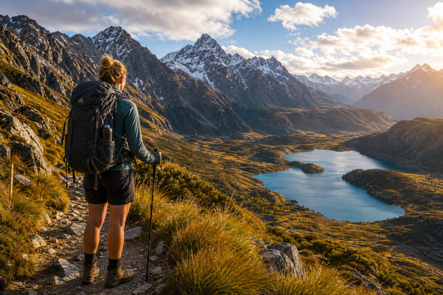 New Zealand South Island alpine scenery: lakes, peaks, and trail-country atmosphere
