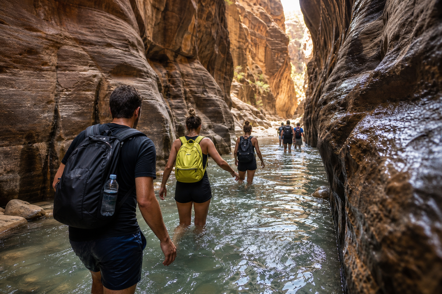 A narrow water canyon scene in Wadi Mujib style: wet rock walls, shallow flowing water, and adventure-hike energy