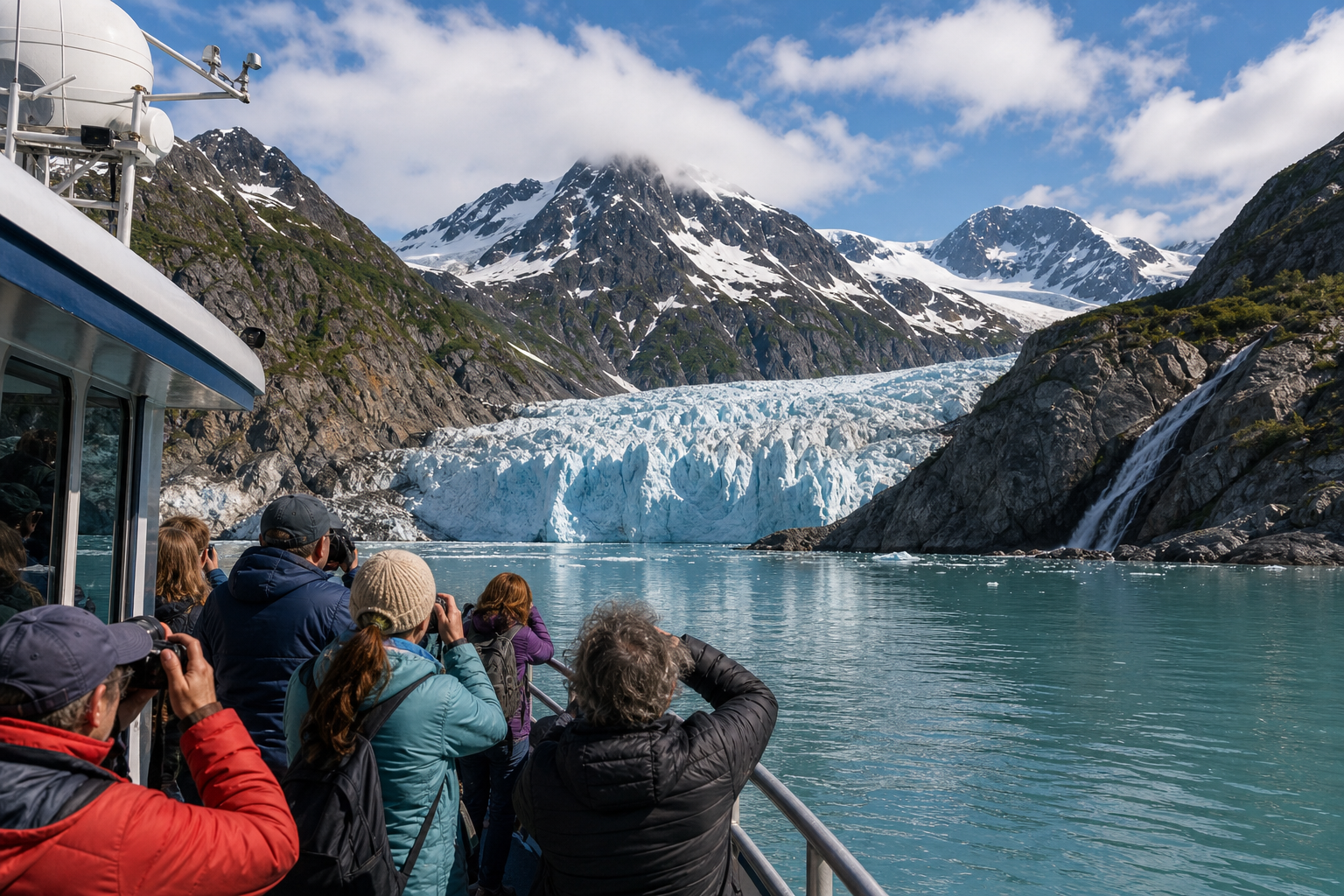 Kenai Fjords-style coastal scenery near Seward with rugged mountains and cold ocean water