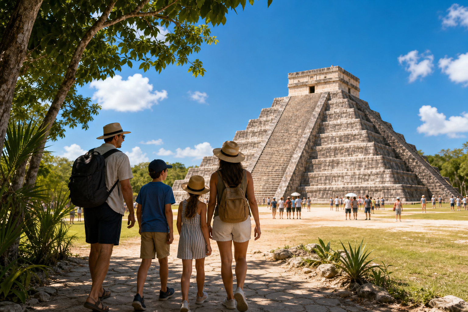 Family rail adventure in Mexico’s Yucatán Peninsula: a bright, premium travel montage suggesting train travel, colorful towns, and warm-weather exploration