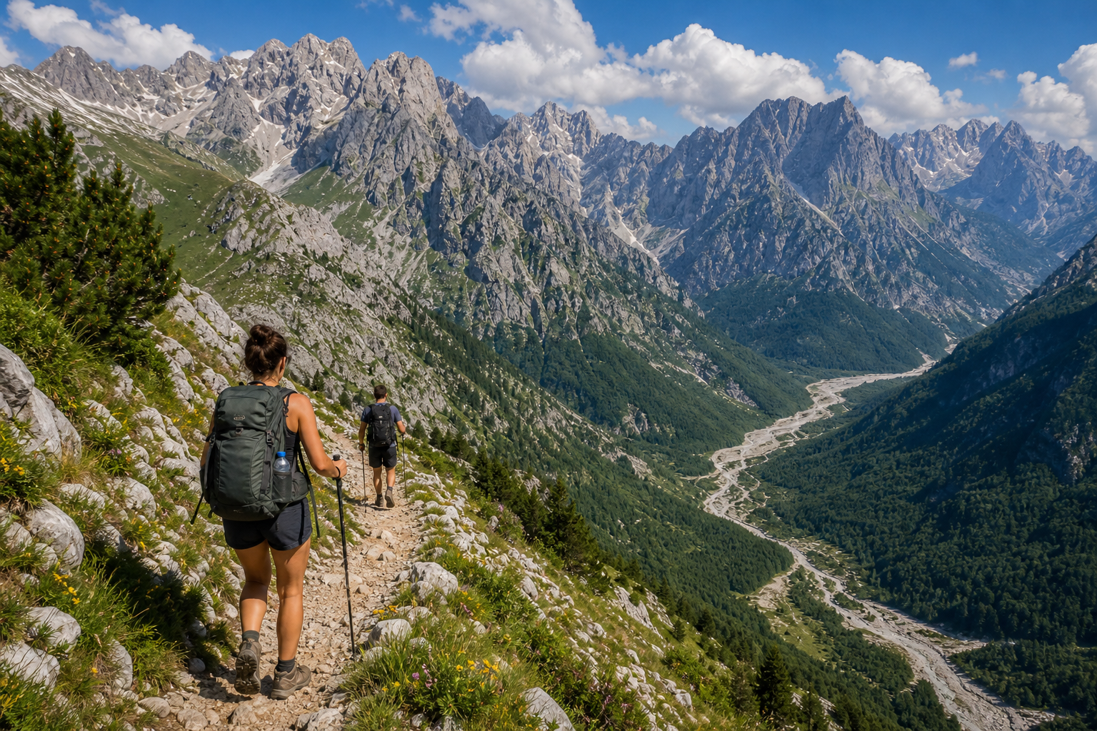 Albania Mountains-to-Sea ready-made plan: Koman Lake ferry to the Albanian Alps, the Valbonë–Theth hike, then Mediterranean beach days in Himarë on a 14-day loop