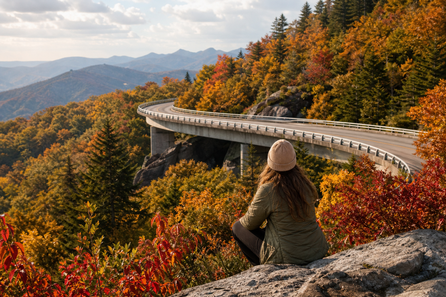 Scenic overlook moment on the Blue Ridge Parkway with fall colors and open-sky viewpoint