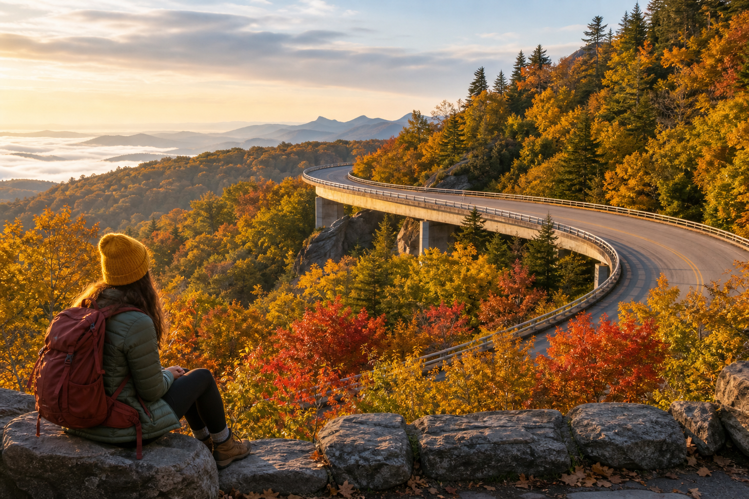 Cozy mountain-town evening vibe along the Asheville to Roanoke route, suggesting calm nights after scenic drives