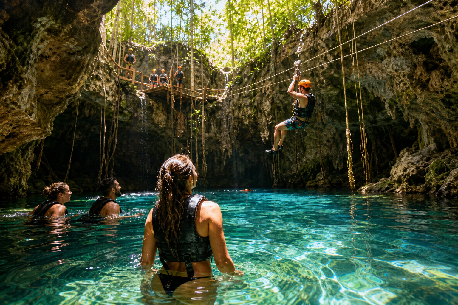 Mainland jungle capstone concept: cenote swim or adventure-park thrills near Playa del Carmen
