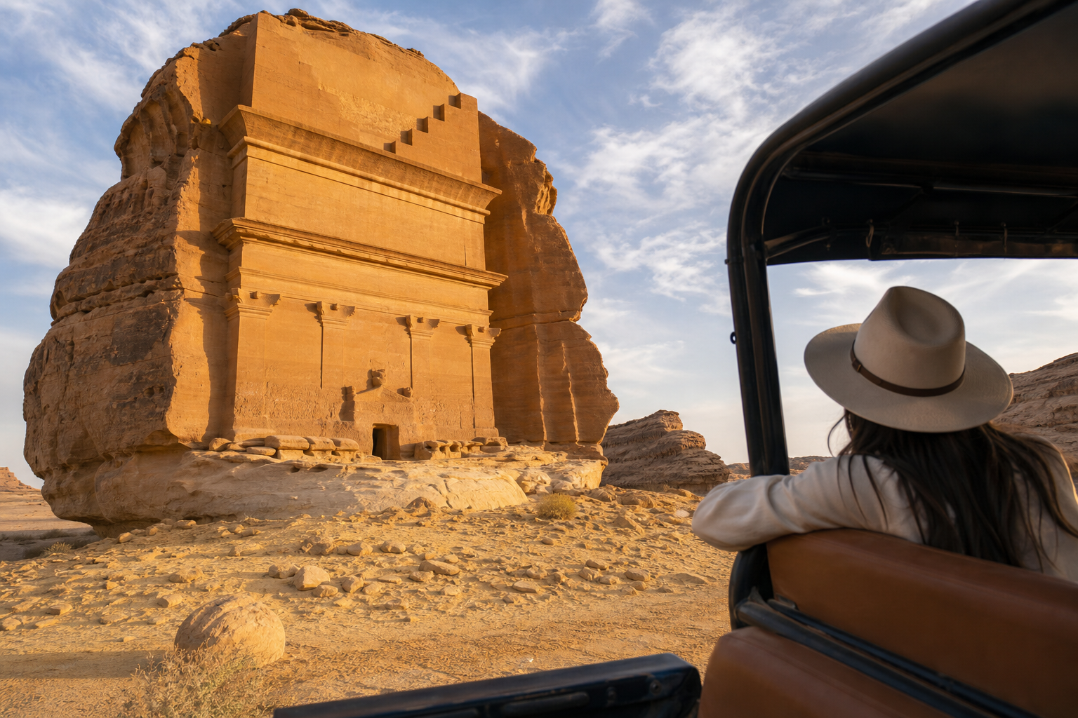 Desert luxury experience moment: dramatic sandstone scenery and a premium, relaxed touring vibe.