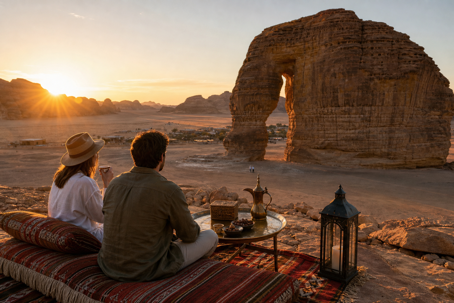 Modern architectural icon in the desert evoking Maraya and AlUla’s design-forward landmarks.
