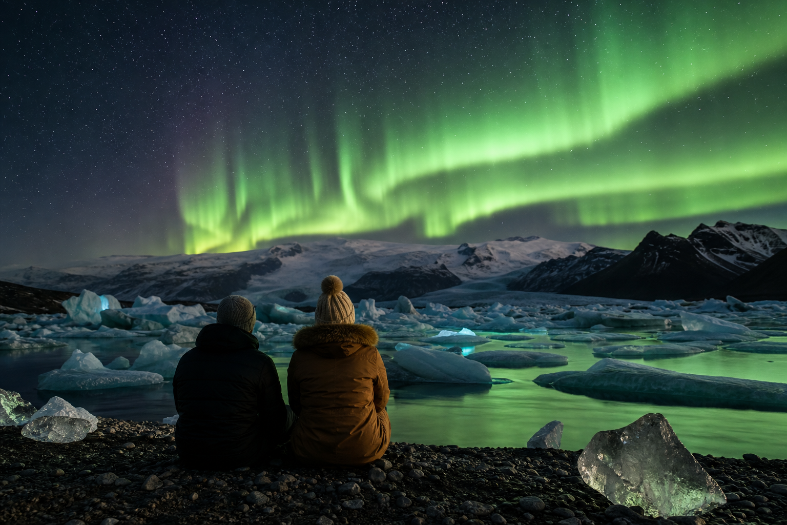 Northern Lights above an Icelandic landscape—dark skies over the South Coast for aurora attempts