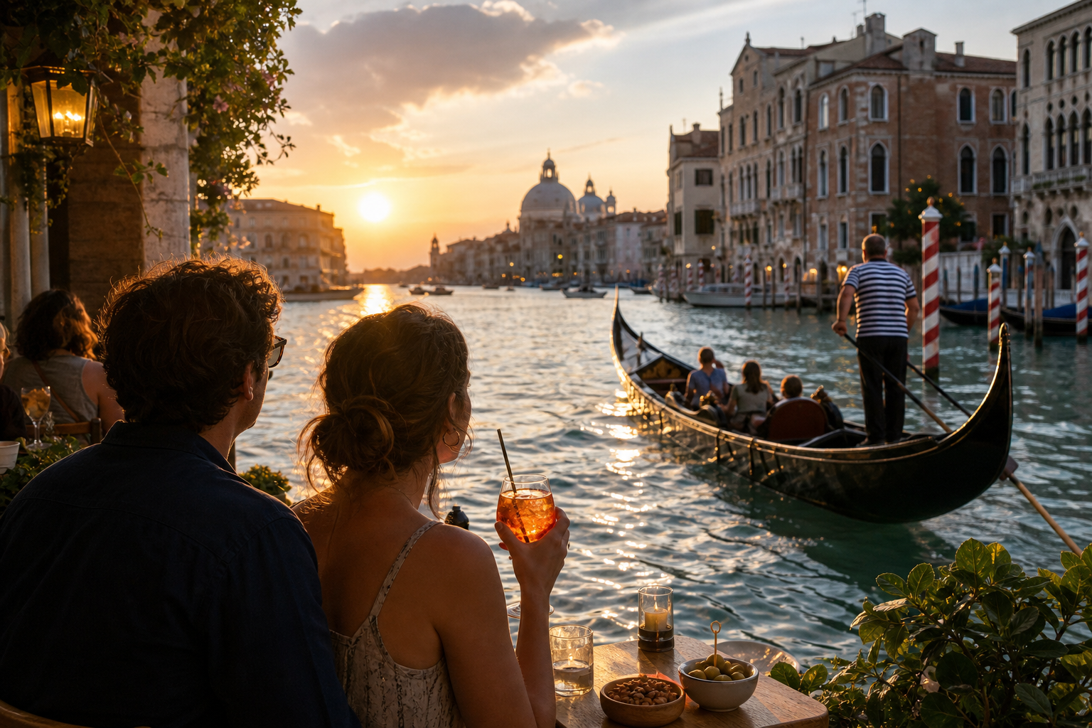 Couple strolling along Venice waterfront near the Biennale area at sunset