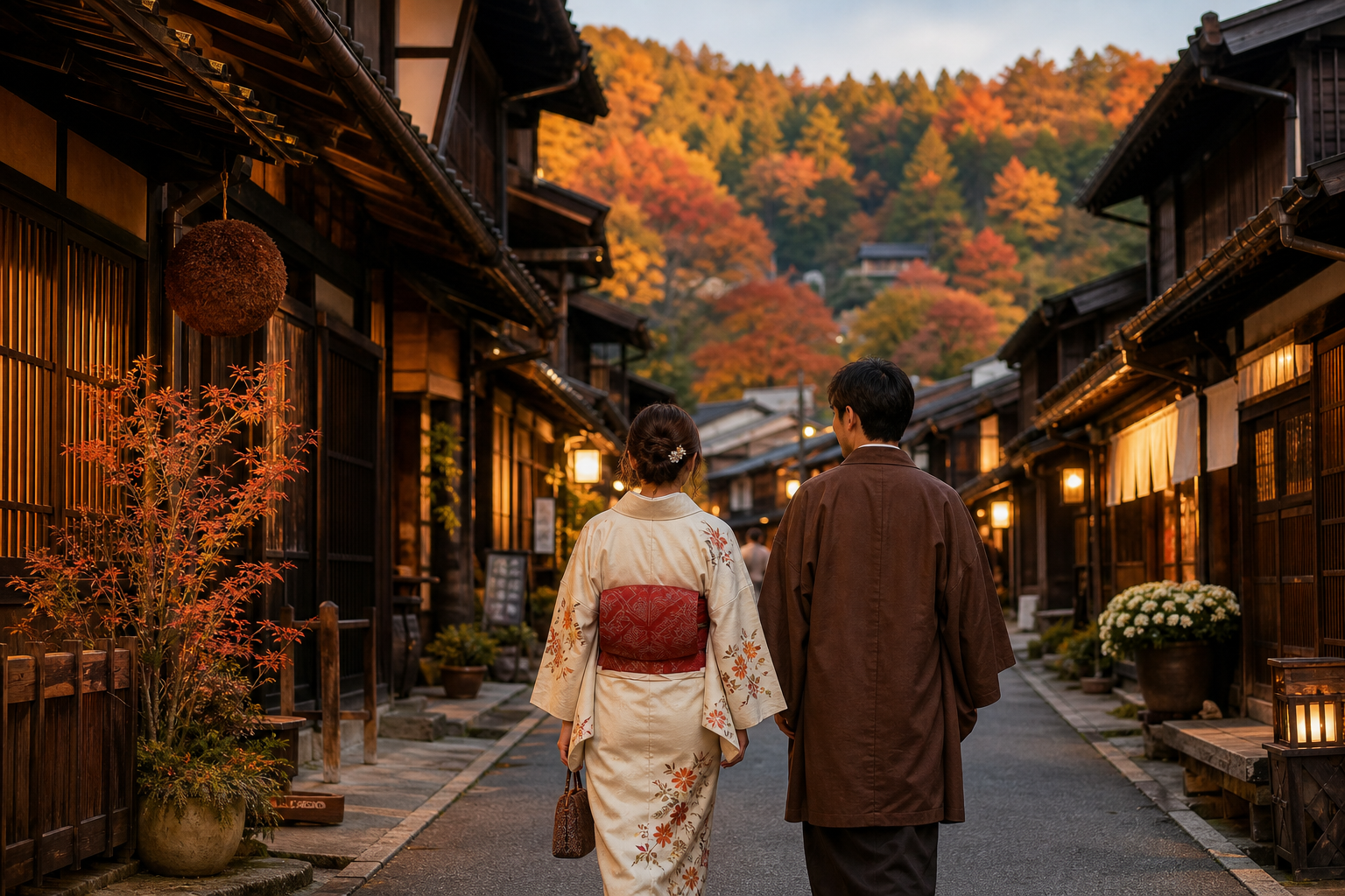 Romantic Japan autumn travel mood: traditional streets and warm evening light, representing the ‘Old Japan’ interlude
