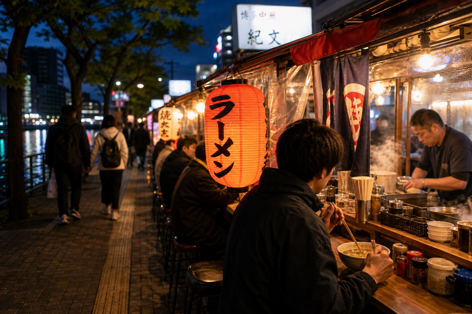 Kyoto-style lantern-lit street and traditional architecture, suggesting early-morning and evening strolls between food stops.