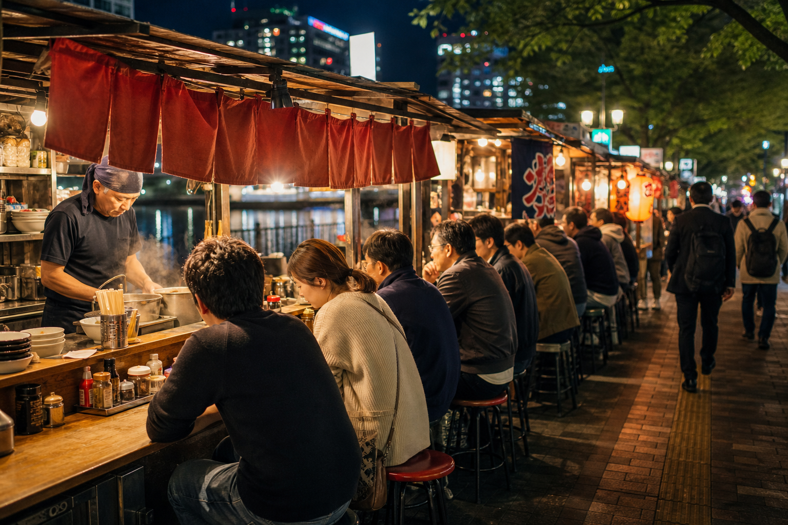 Japanese street food stall scene with warm lighting and counter seating, evoking solo-friendly dining and yatai nights.