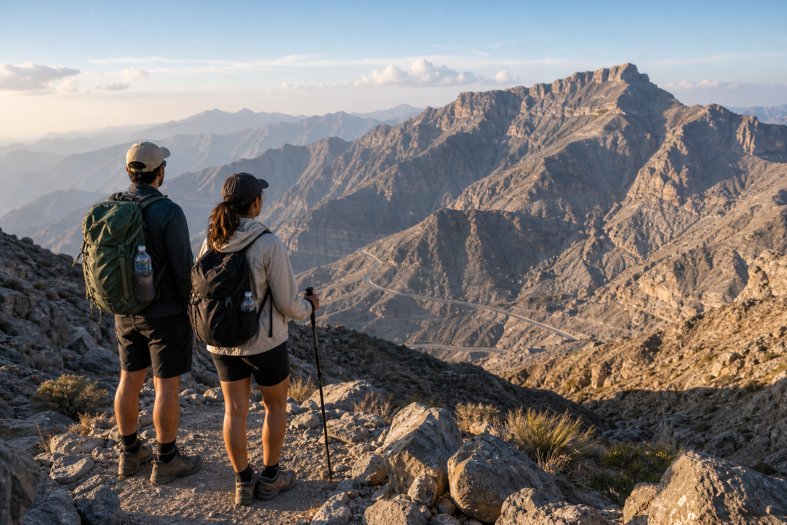 High mountain lookout scene suggesting a sunrise hike and panoramic views on Jebel Jais