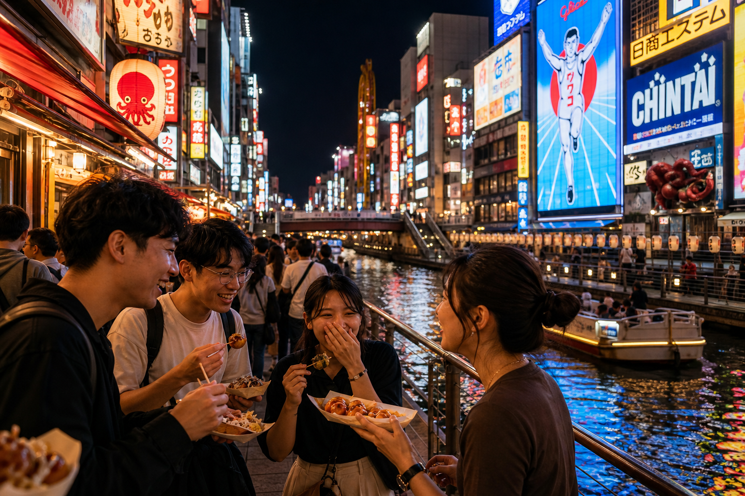 Street-food crawl moment in Osaka with shared bites and bright night streets, suited to friends traveling together.