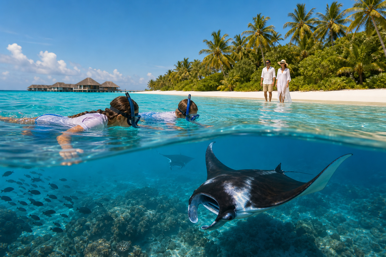Luxury family Maldives escape with turquoise lagoon, overwater villas, and tropical horizon