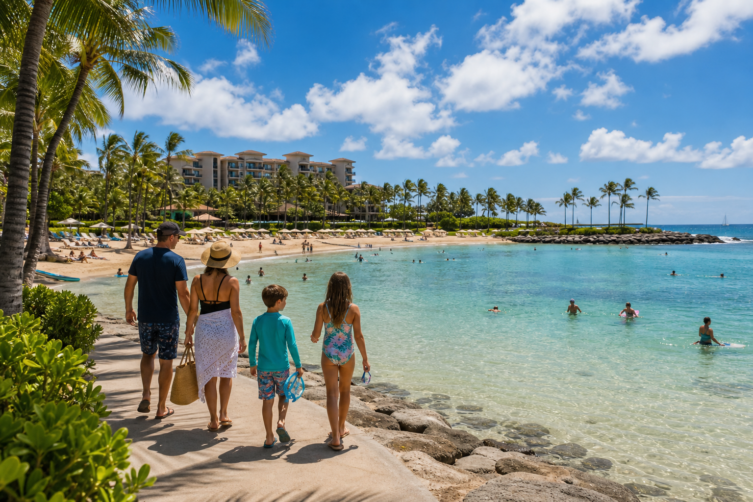 Family-friendly lagoon day setup with calm water and shaded relaxation vibe in Ko Olina
