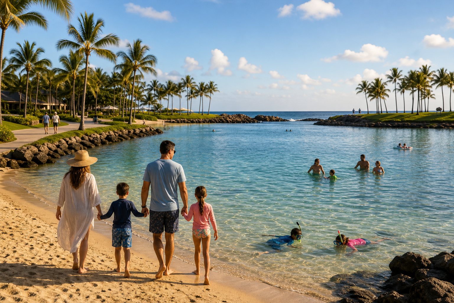 O‘ahu family escape in Ko Olina: calm lagoon water, palm-lined shoreline, and an elevated resort-week vibe with one curated North Shore adventure