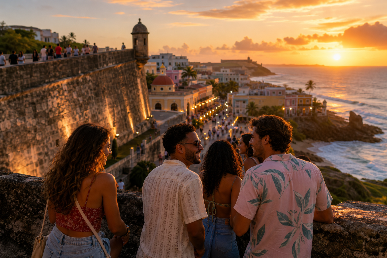 Friends-trip vibe in Puerto Rico: city nights, warm light, and coastal energy across San Juan, Ponce, and the west coast