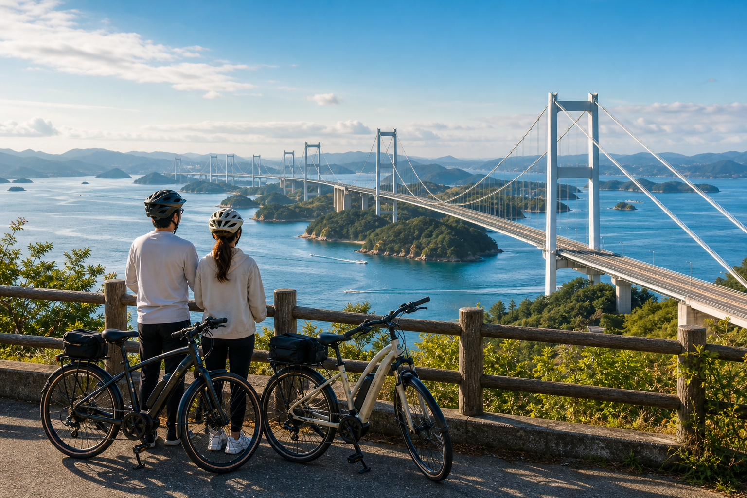 Setouchi coast and bridge scenery preview for a couples road trip from Onomichi through the Shimanami Kaido islands to Imabari