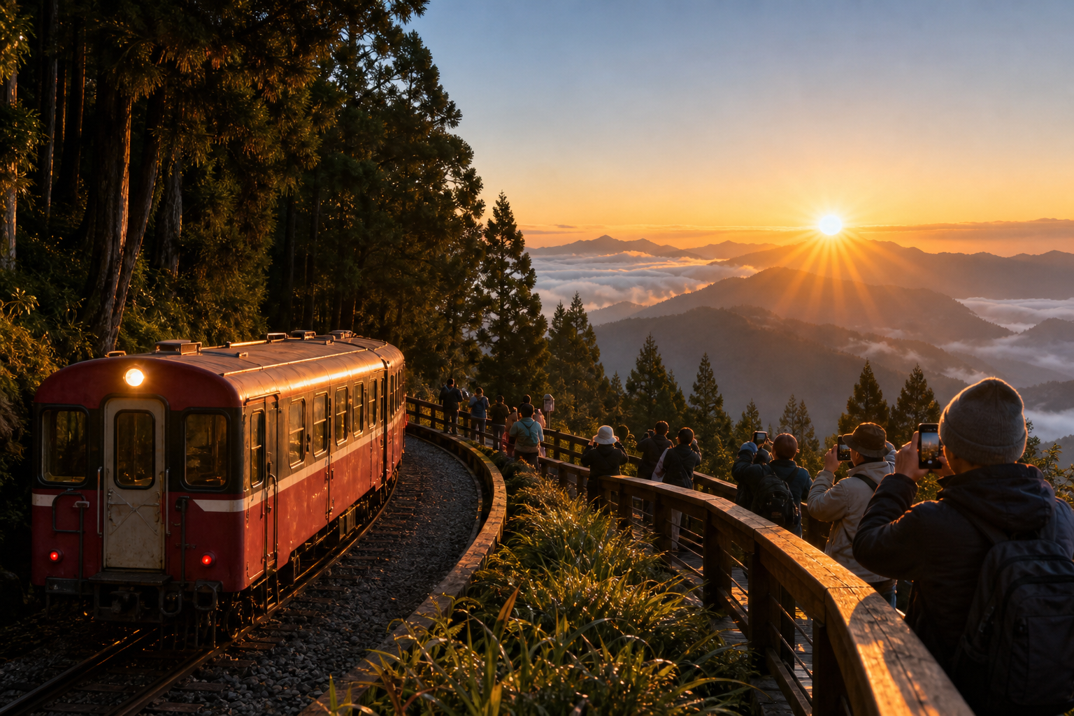 Alishan forest and sunrise train mood—misty mountain atmosphere and early-morning trail vibe