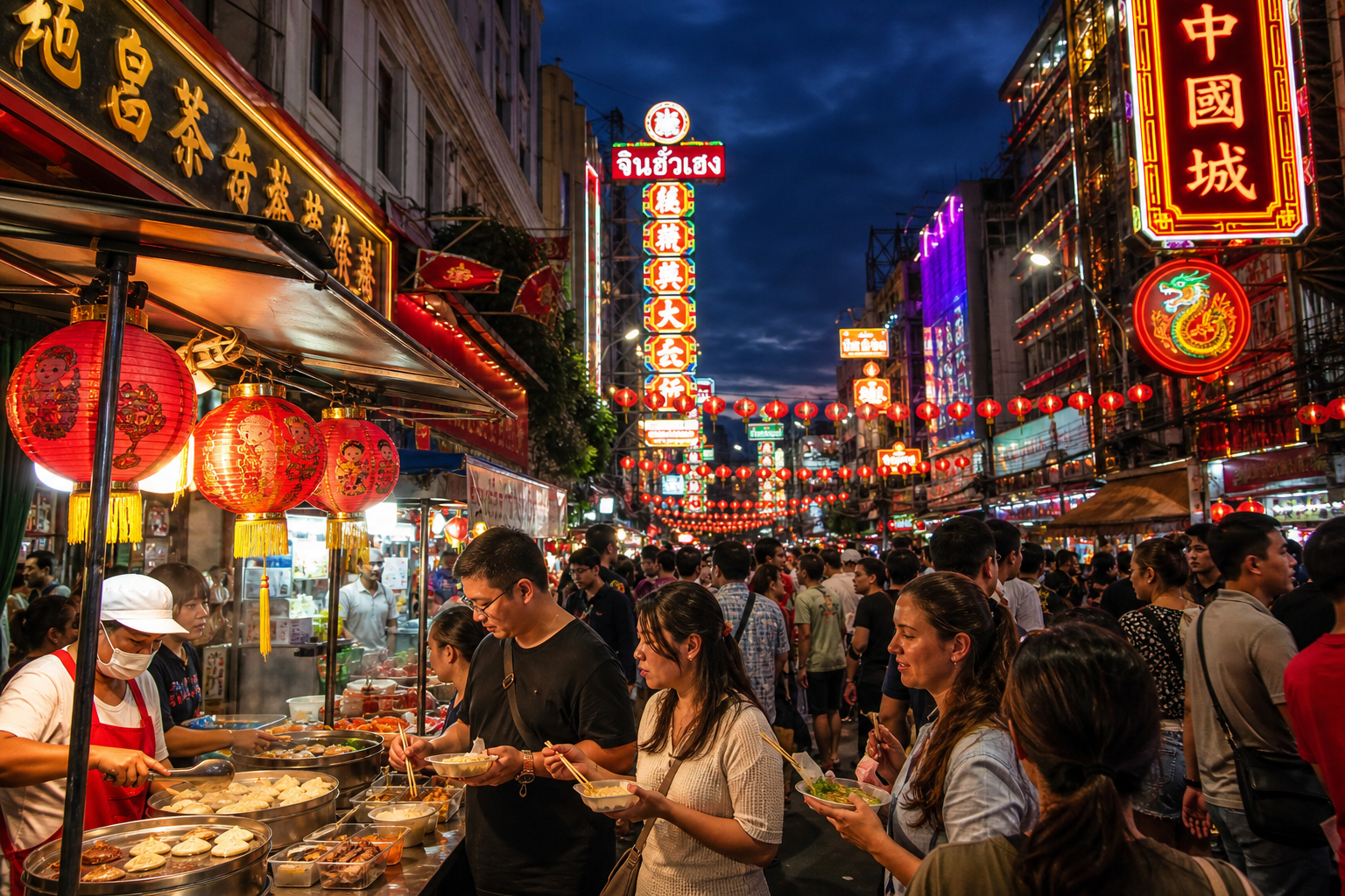 Lantern-lit Bangkok night street with food stalls and a dense crowd feel—ideal for a Yaowarat tasting crawl