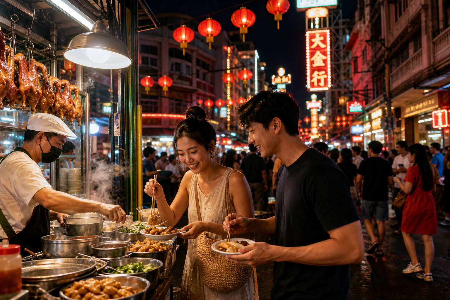 Colorful heritage streetscape and shophouse-style architecture mood—perfect for Phuket Old Town evening food walks