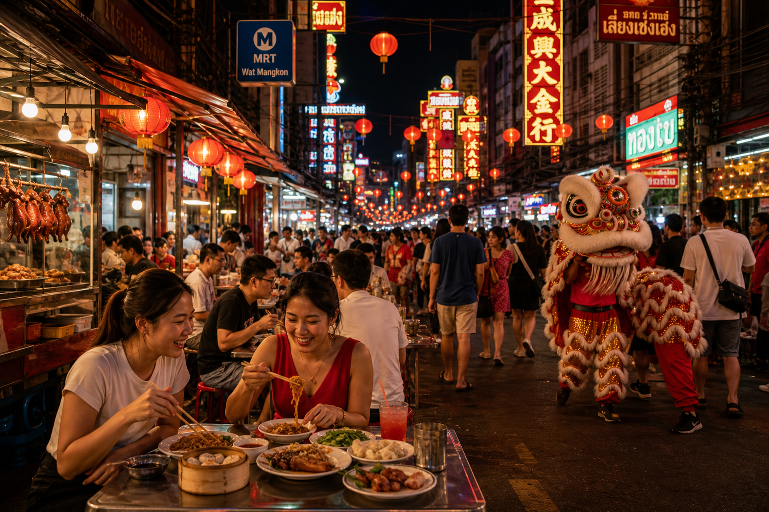 Thailand Lunar New Year food-and-culture journey: Bangkok Chinatown (Yaowarat) nights, Chiang Mai Lanna flavors, and Phuket Old Town heritage streets