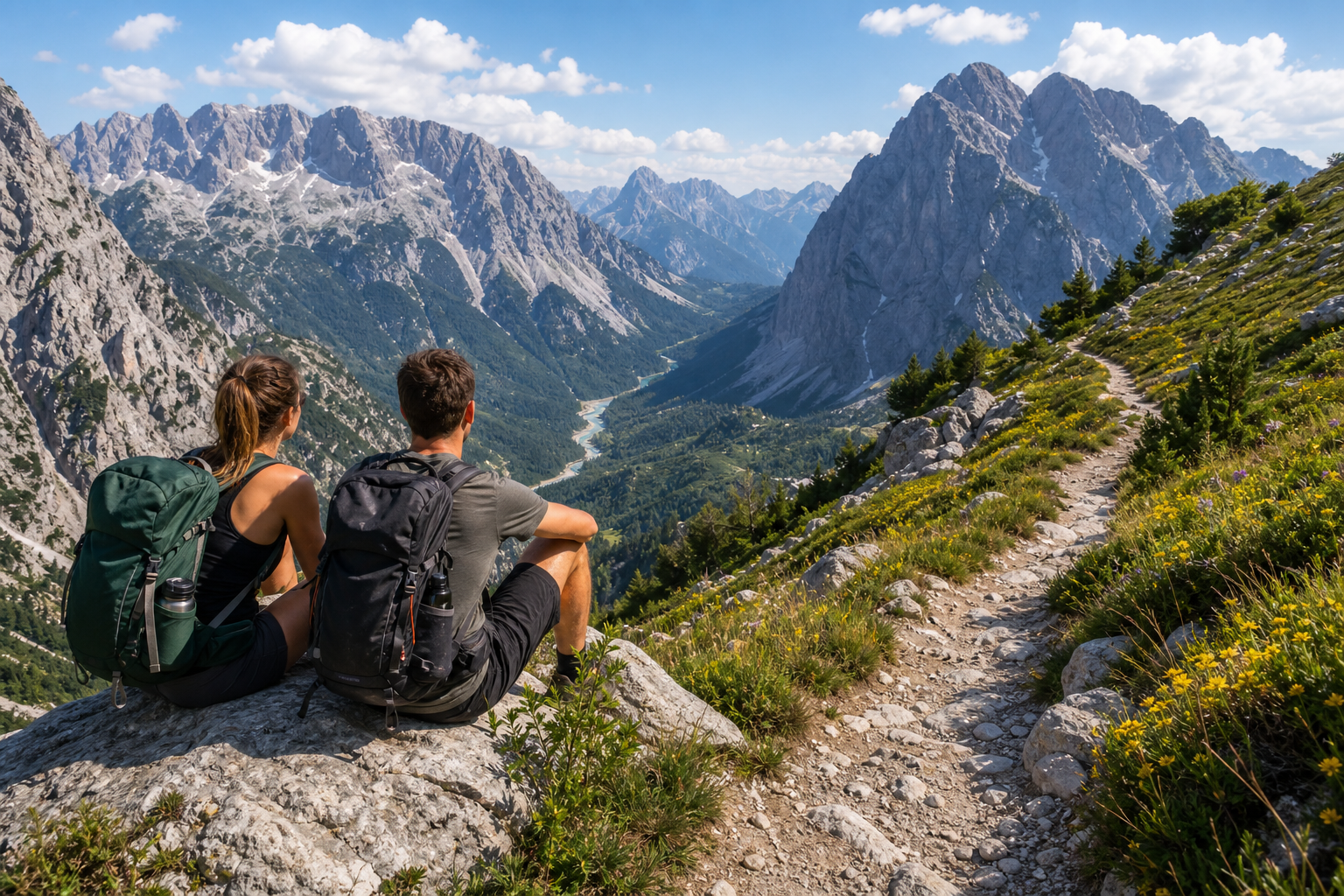 Valbona Pass trekking scene: high mountain trail and open ridgeline views, capturing the main crossing day between Theth and Valbona