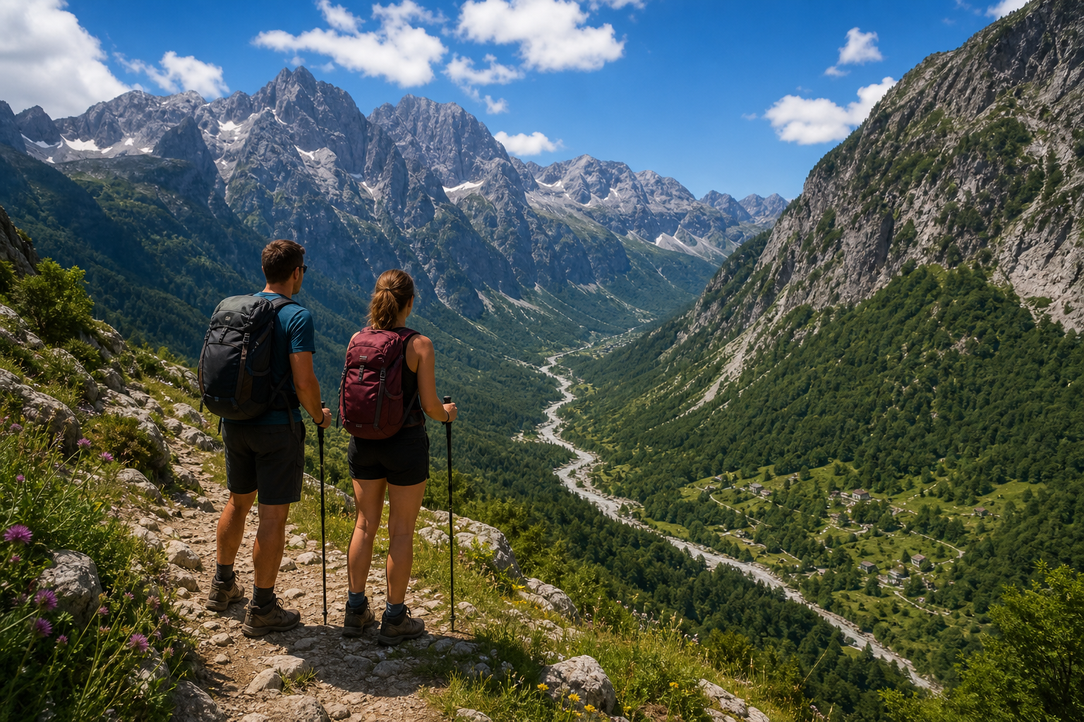 Albanian Alps couples mini-trek from Theth to Valbona: mountain pass views, valley trails, and cozy guesthouse nights