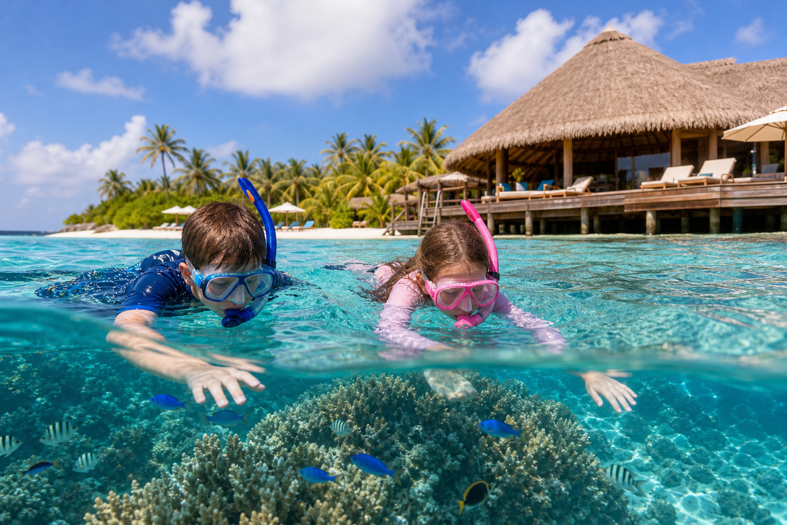 Family snorkeling on a calm turquoise house reef near a resort island